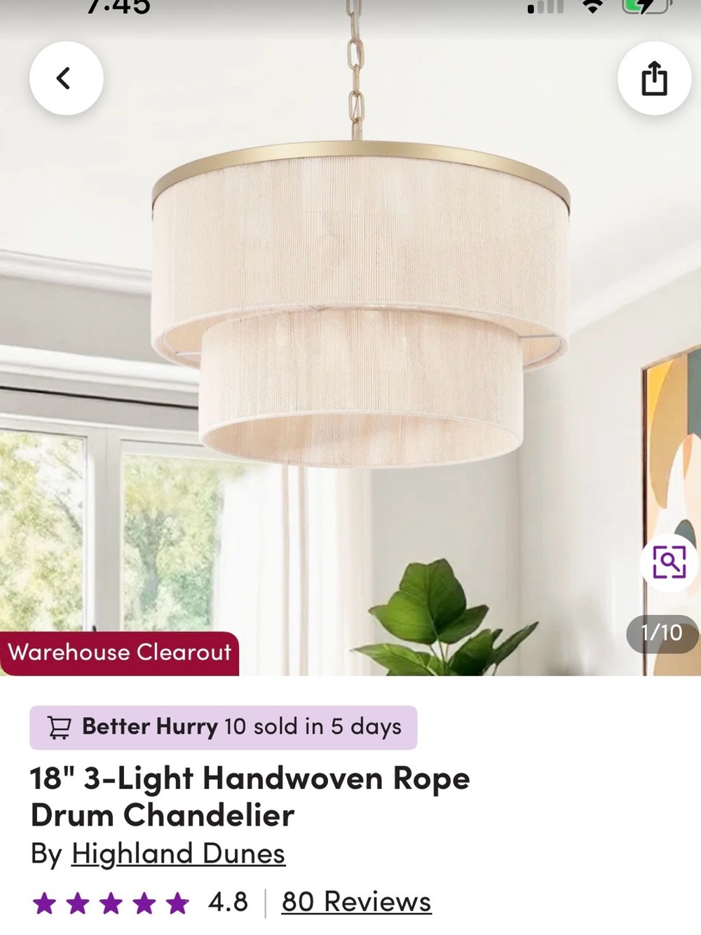 Highland Dunes Cream and Gold Layered Rope Drum Chandelier